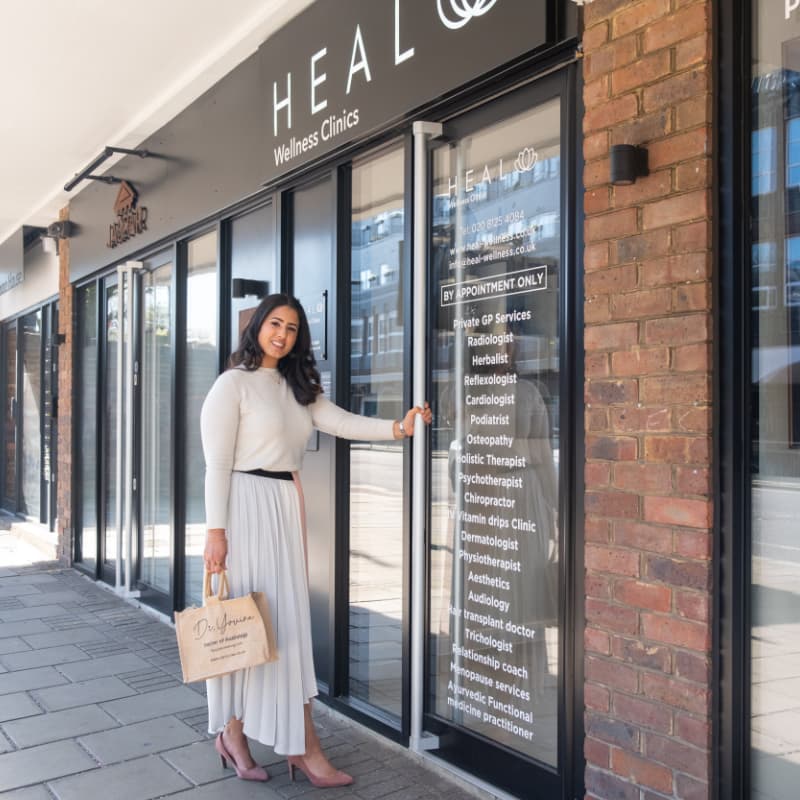 Dr Yovina outside Heal Wellness Clinic